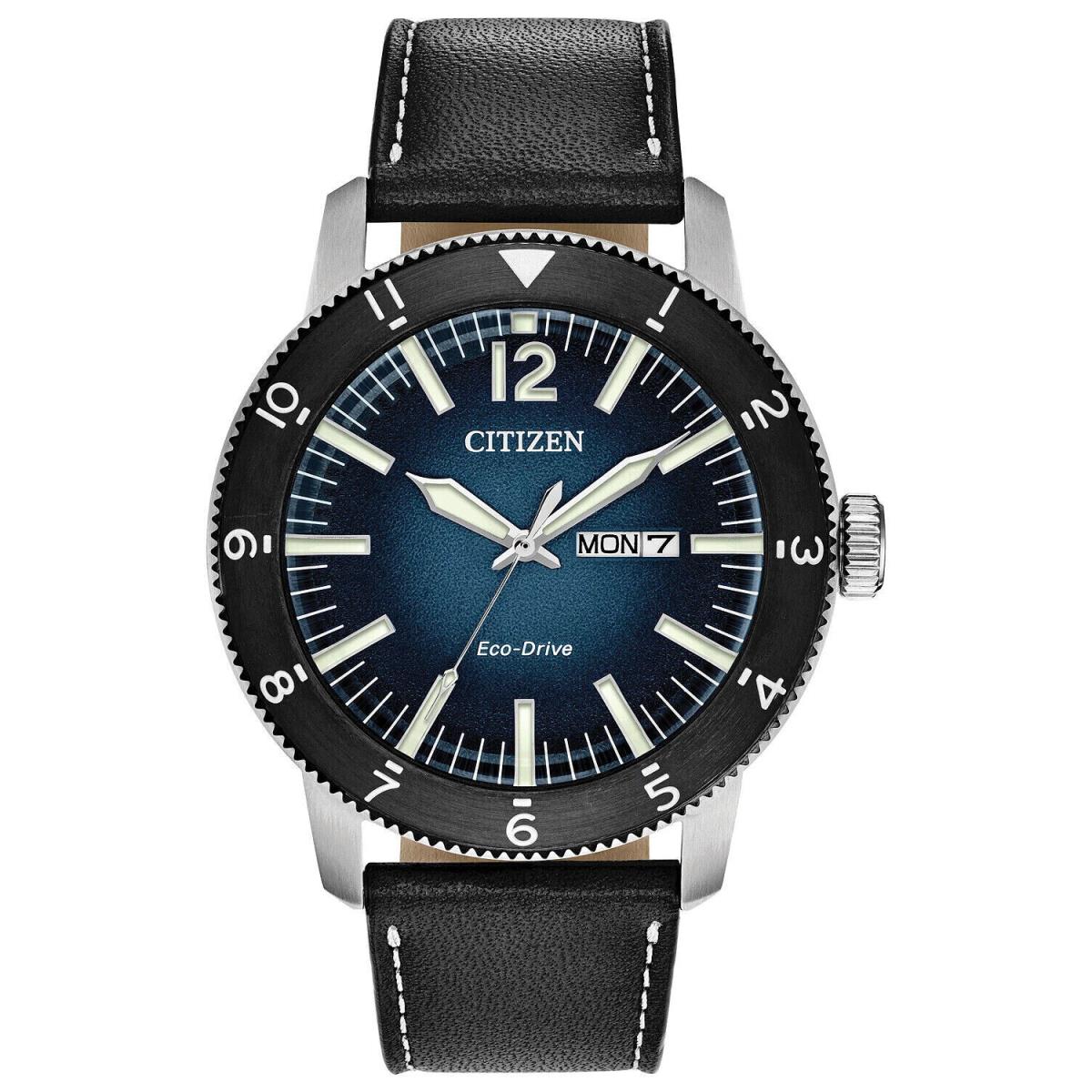 Citizen AW0078-08L Brycen Eco-drive Blue Dial Black Leather Strap Men`s Watch - Dial: Blue, Band: Black, Bezel: Black