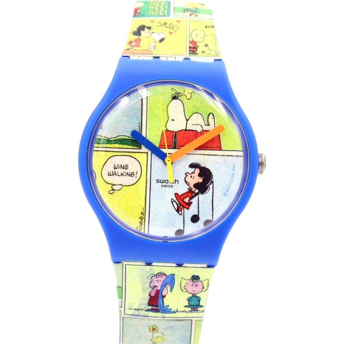 Swiss Swatch X Peanuts Smak Blue Multicolor Silicone Watch 40mm SO29Z108