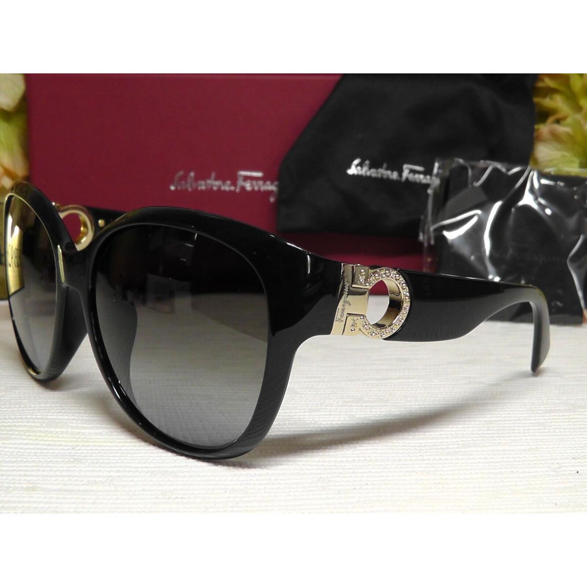 Salvatore Ferragamo SF851SRK Round Shiny Black/crystals/goldtone Frame Sunglases