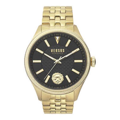 Versus Versace Mens IP Yellow Gold 45 mm Colonne Bracelet Watch VSPHI0620 - Black Dial, Gold Band, Black Bezel