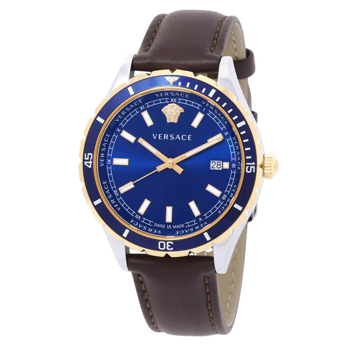 Versace Hellenyium Quartz Blue Dial Men`s Watch VE3A00420 - Dial: Blue, Band: Brown, Bezel: Gold, Blue