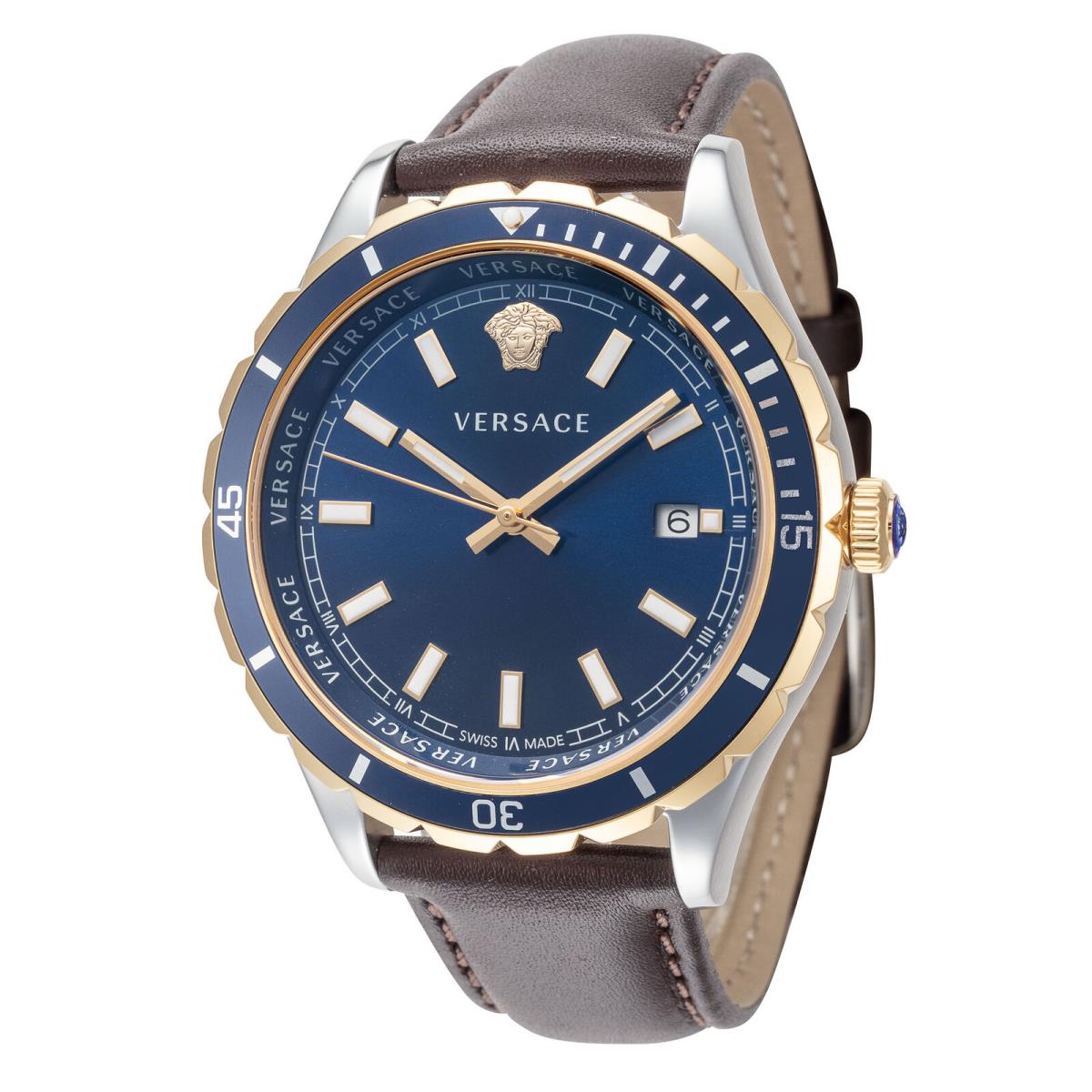 Versace Men`s VE3A00420 Hellenyium 42mm Quartz Watch - Dial: Blue, Band: Brown, Other Dial: Blue