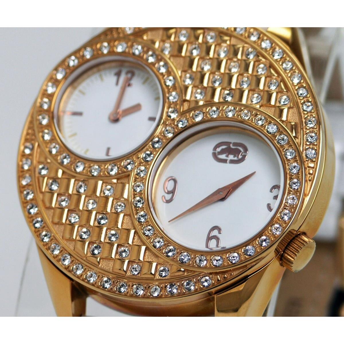 Marc Ecko E13518L1 Womens Rose Tone Crystals Watch White Leather Dual Time