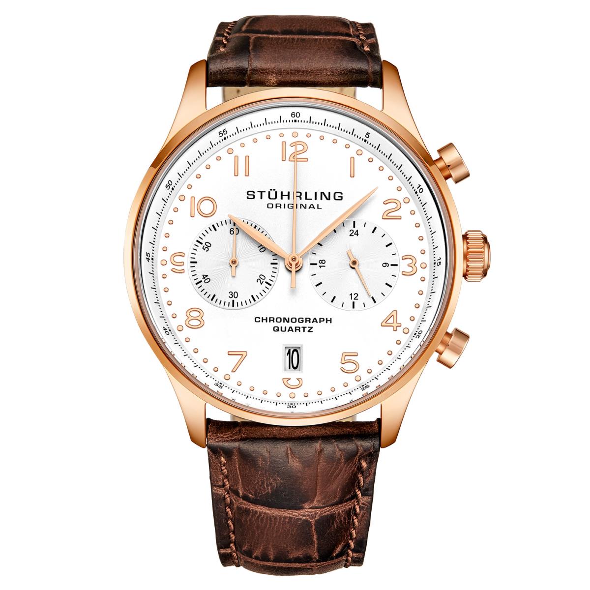 Stuhrling 4012 4 Quartz Chronograph Date Brown Leather Mens Watch