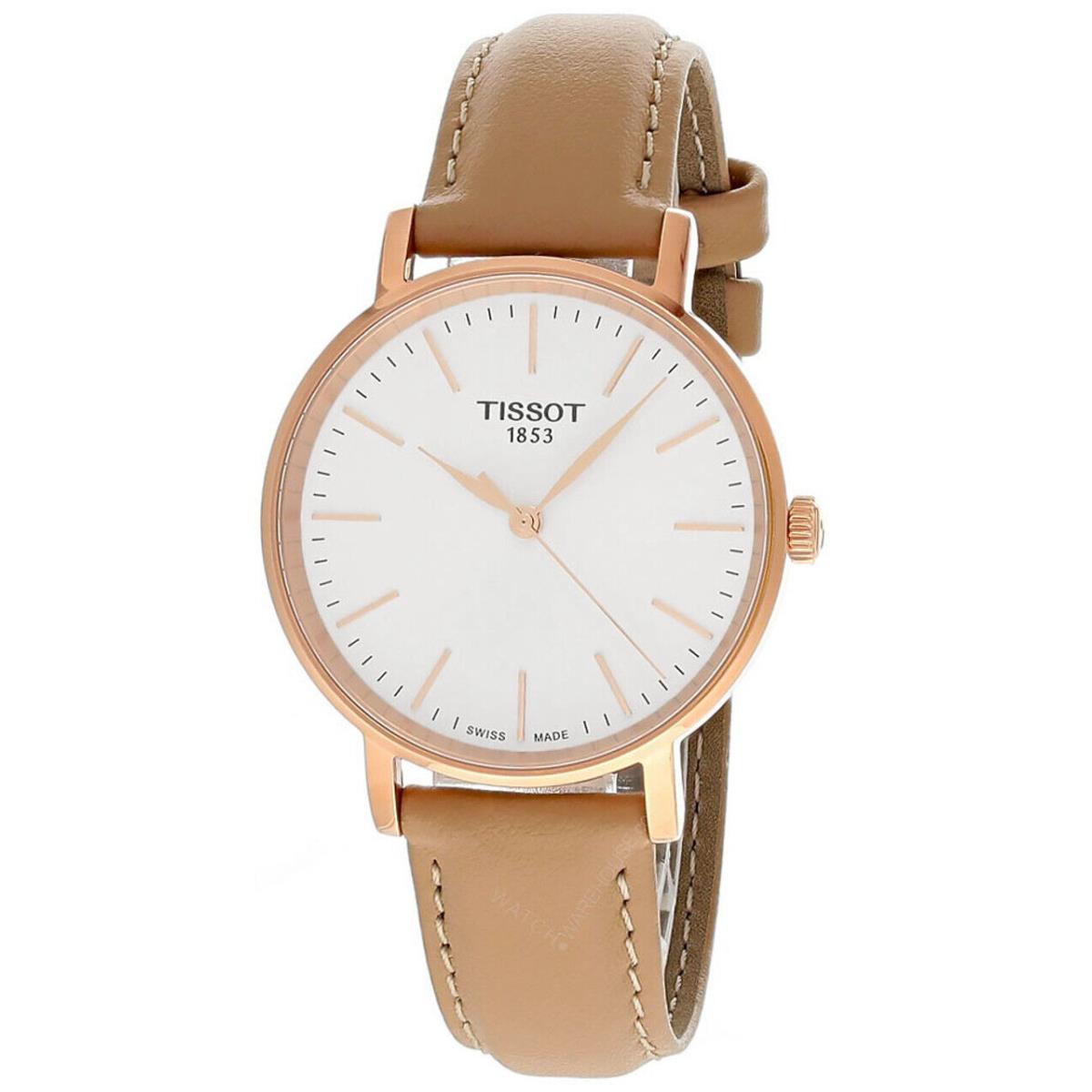 Tissot Everytime 34MM Beige Leather Women`s Watch T143.210.36.011.00 - White Dial, Beige Band, Rose Gold Bezel