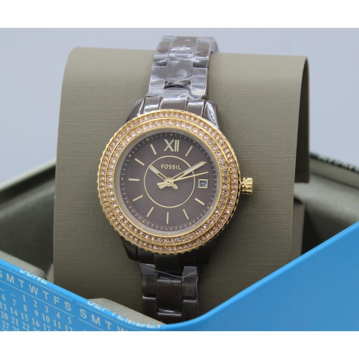 Fossil Stella Ceramic Brown Gold Crystals Women`s CE1122 Watch