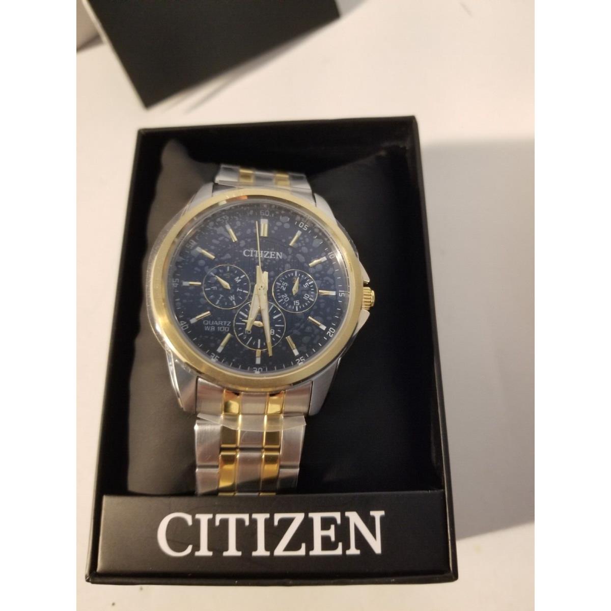 Citizen Quartz Mens Two Tone Stainless Steel Bracelet Watch Ag8348-56l - Dial: blue, Band: , Bezel: Gold