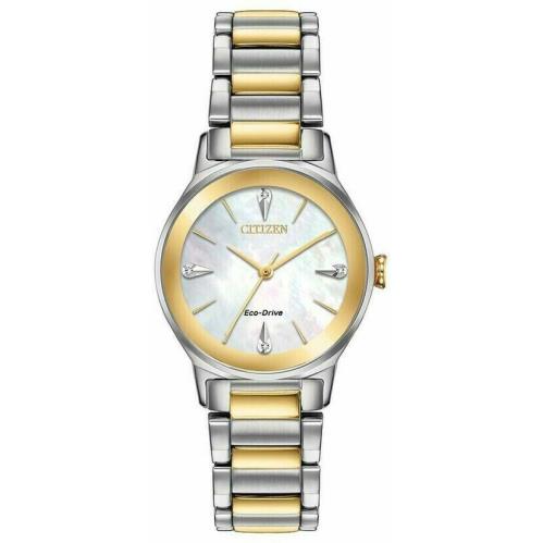 Citizen EM0734-56D Diamond Mother of Pearl Dial Stainless Axiom Ladies Watch - Dial: , Band: Gold, Bezel: Gold