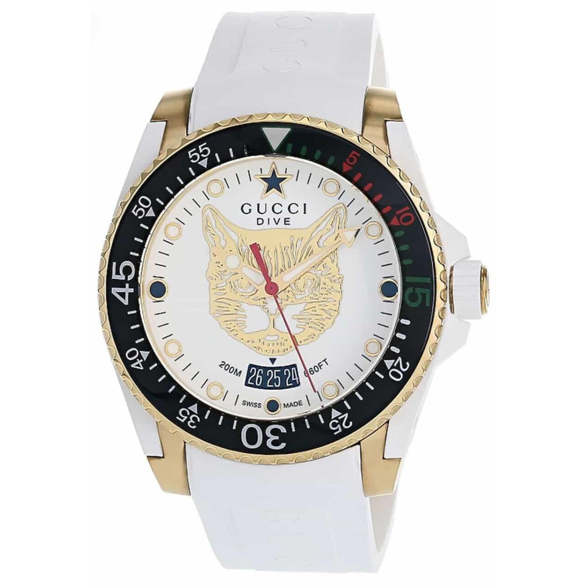 Gucci Dive 40MM White Feline Head Dial Rubber Men`s Watch YA136322