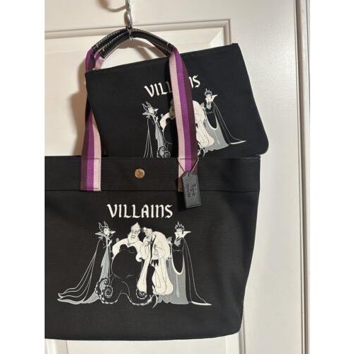 Set-nwt Coach CC407 Disney X Tote W Villains Motif Black Multi + Large Wristlet