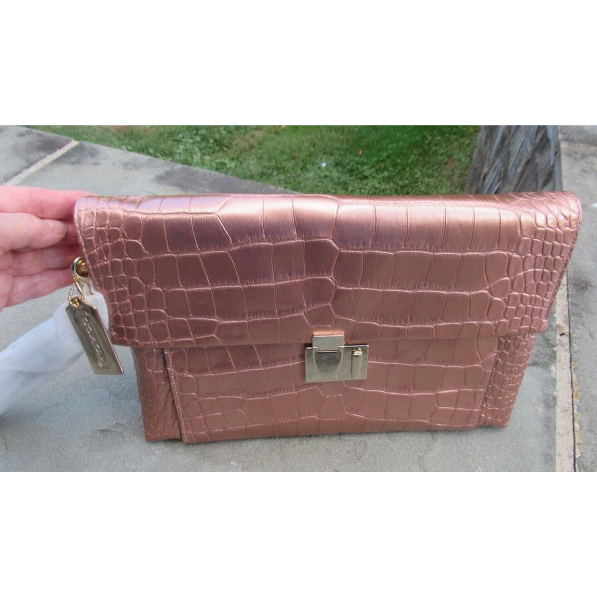 Coach Legacy Liquid Metallic Croc Rose Gold Leather Large Lock Clutch