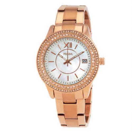 Fossil Stella Quartz Crystal White Mop Dial Ladies Watch ES5131 - Dial: White Mother of Pearl, Band: Rose Gold-tone, Bezel: Rose Gold-tone