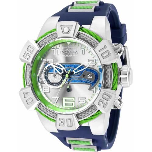 Invicta Men`s Watch Nfl Seattle Seahawks Chronograph Blue Silicone Strap 35869 - Silver, Green, Blue, Grey Dial, Blue Band