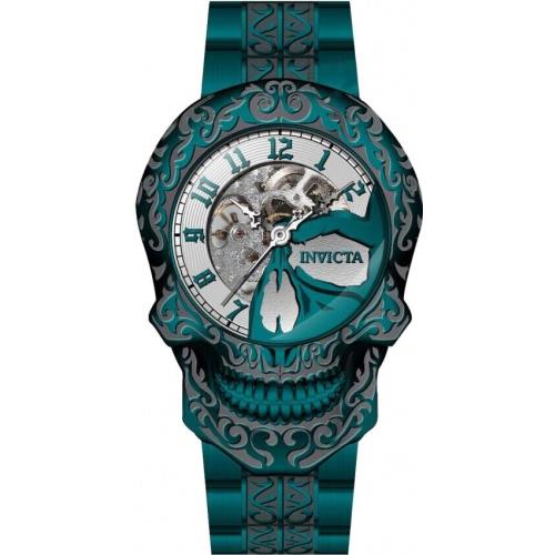 Invicta Men Artist Skull Automatic Silver 51mm Dial Green Stainless Steel Watch