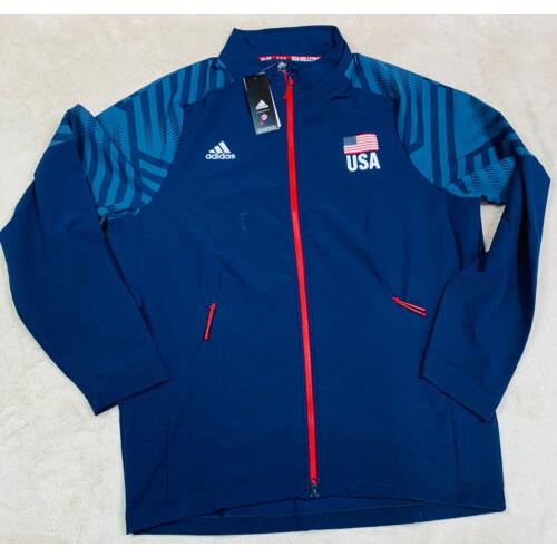 Nwt`s Adidas Team Usa Volleyball Usav WU Jacket Men`s SZ L Big Logo`s Navy Blue