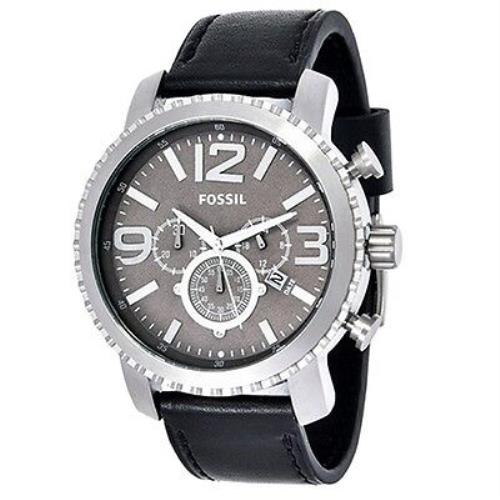 New-fossil Gage Silver Tone Chrono. Black Leather Band Black Dial Watch BQ1175