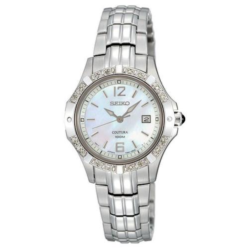 Seiko SXDE19 Coutura Diamond Silver Tone Date Mother-of-pearl Dial Women`s Watch