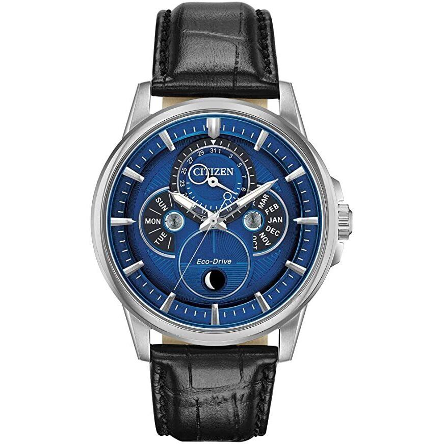 Citizen BU0050-02L Calendrier Moon Phase Blue Dial Leather Strap Watch - Dial: Blue, Band: Black, Bezel: Silver