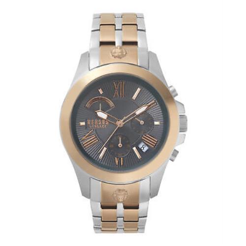 Versace Chrono Lion Leather Watch - Grey Dial, Two Tone Band, Grey Bezel