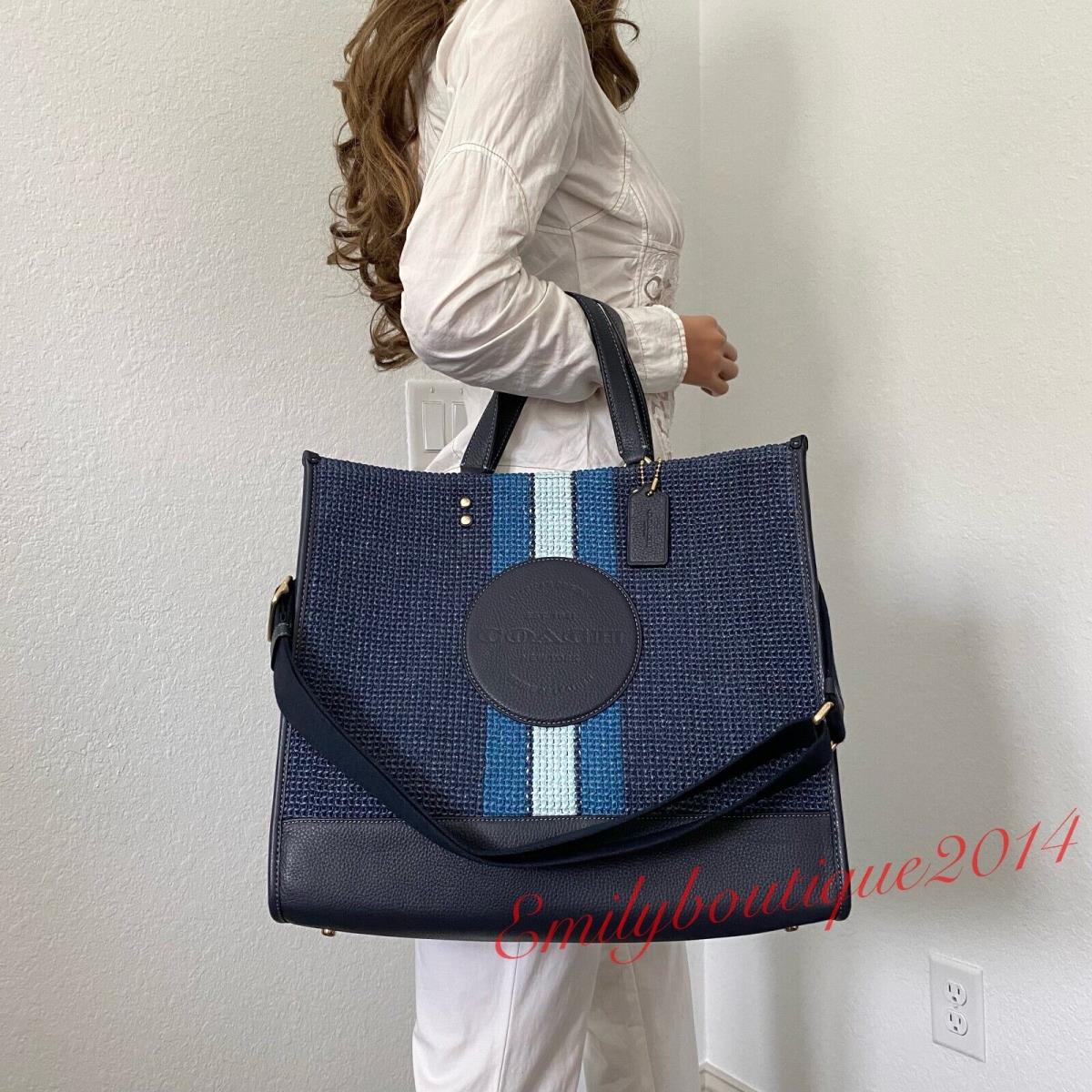 Coach CA593 Dempsey Tote 40 In with Stripe and Patch Blue Straw Leather Bag