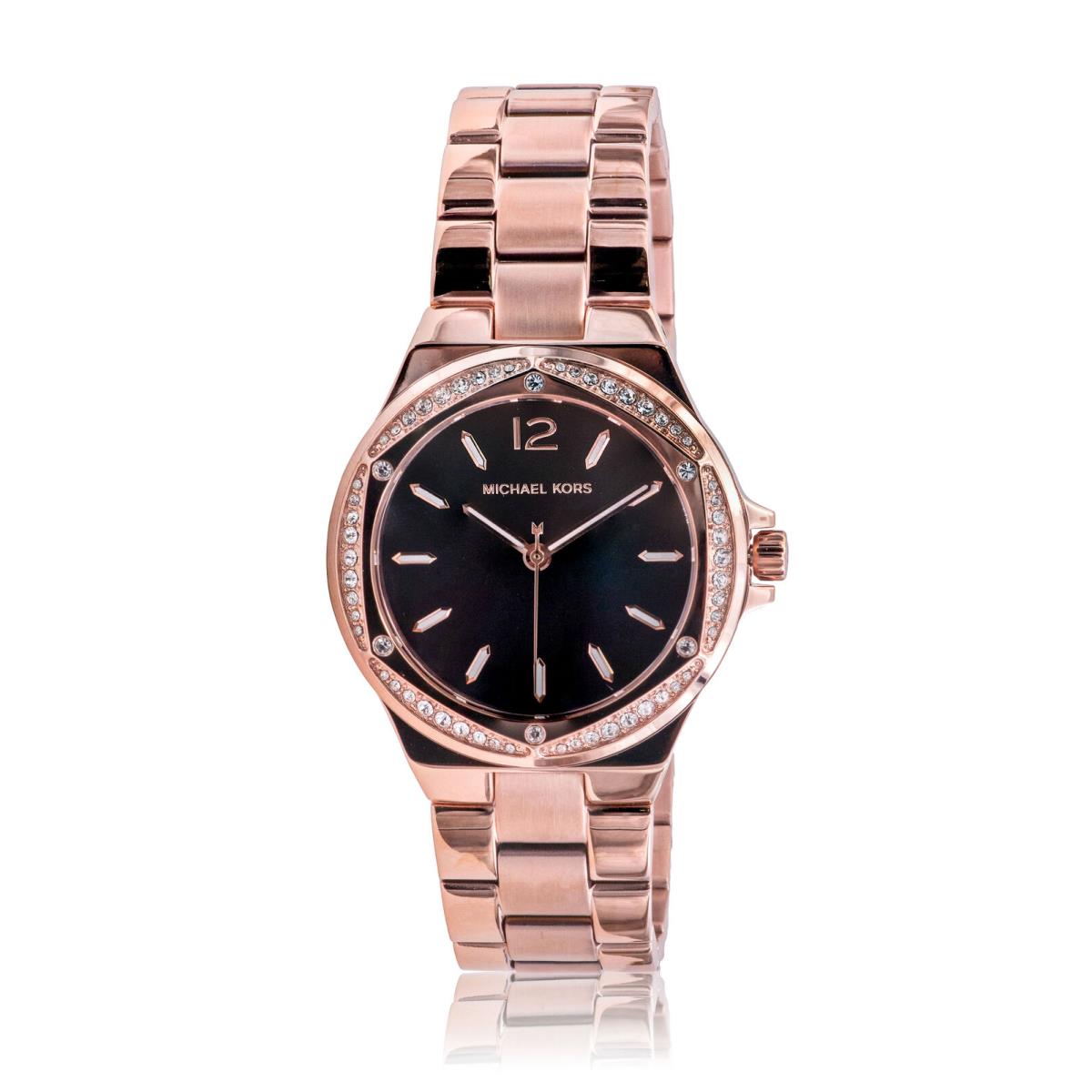 Michael Kors Lennox Rose Gold-tone Ladies Watch MK7233 - Dial: Black, Strap: Rose Gold