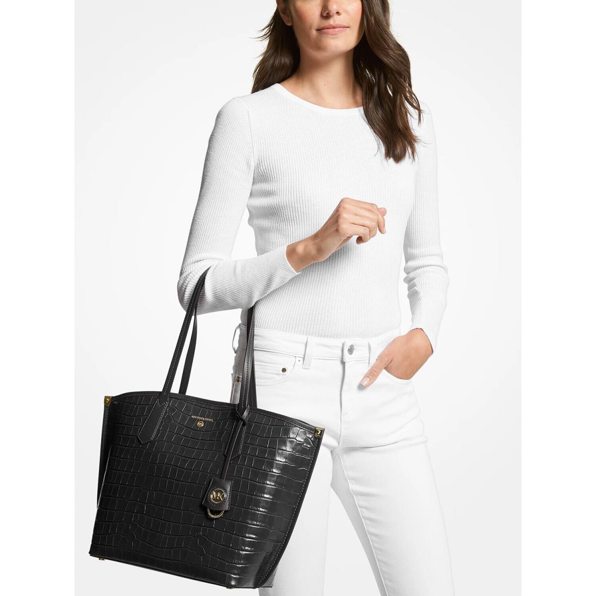 Michael Kors Jane Black Embossed Leather Large Tote Handbag - Handle/Strap: Black, Exterior: Black, Lining: Beige