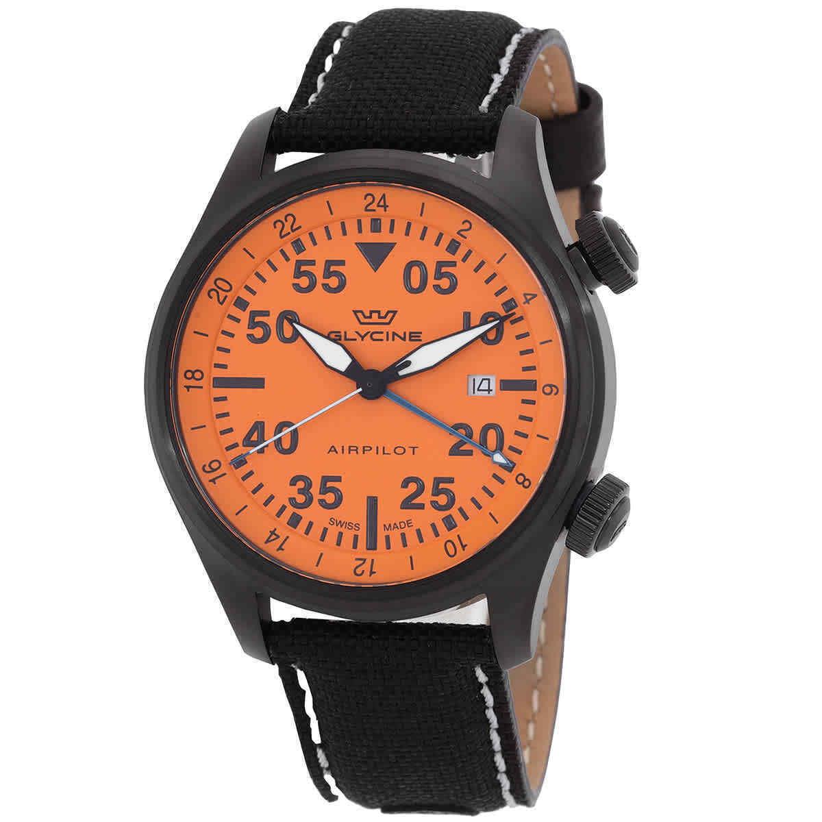 Glycine Airpilot Gmt 44 Men`s 44mm Orange Rotating Bezel Swiss Made Watch GL0436