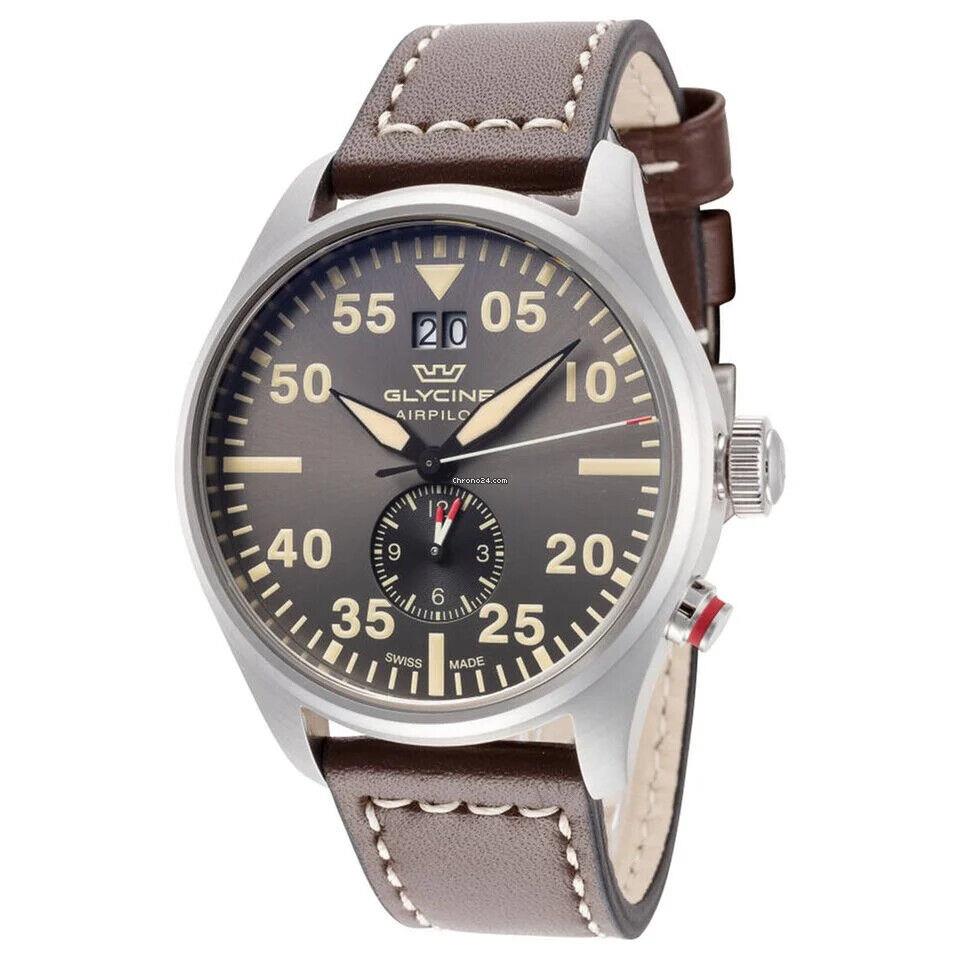Glycine Airpilot Dual Quartz Chrono Date Brown Strap Men`s Swiss Watch GL0367