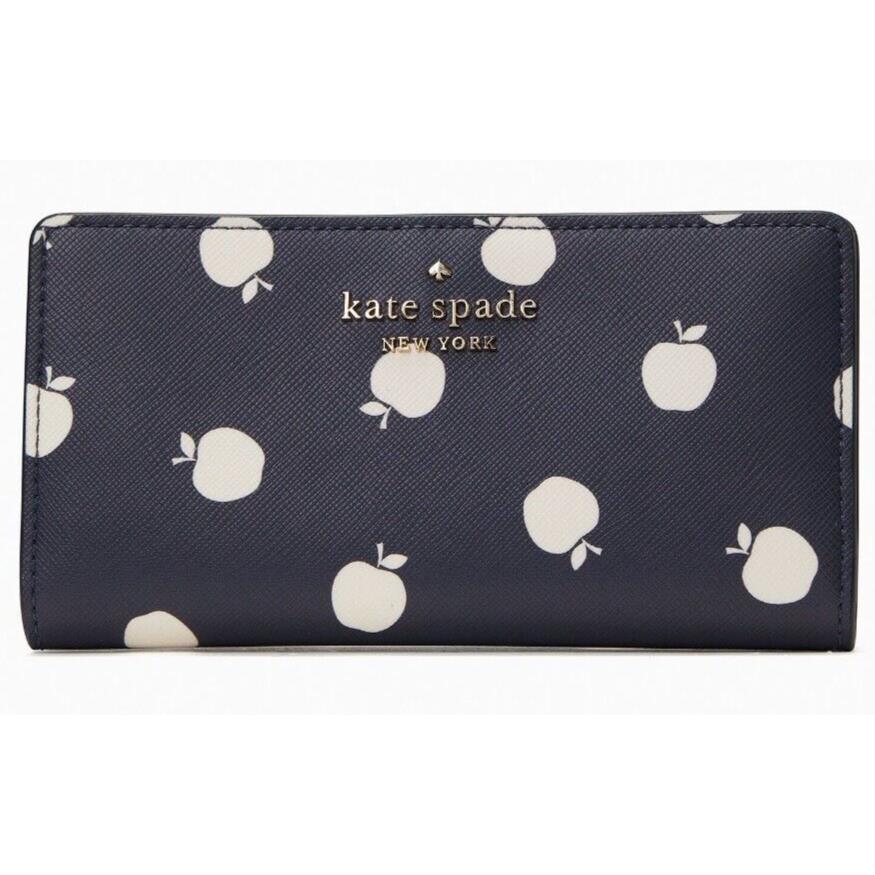 Kate Spade Staci Large Slim Bifold Navy Blue White Wallet K8306