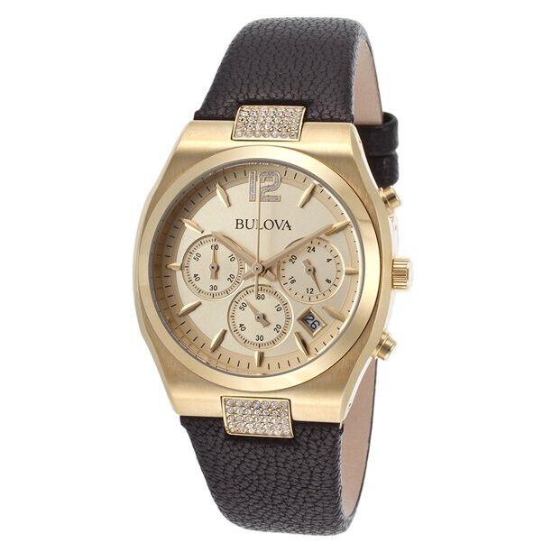 Bulova 97M107 Chronograph Black Leather Strap Crystal Women`s Watch Great Gift - Dial: Gold, Band: Black, Bezel: Gold