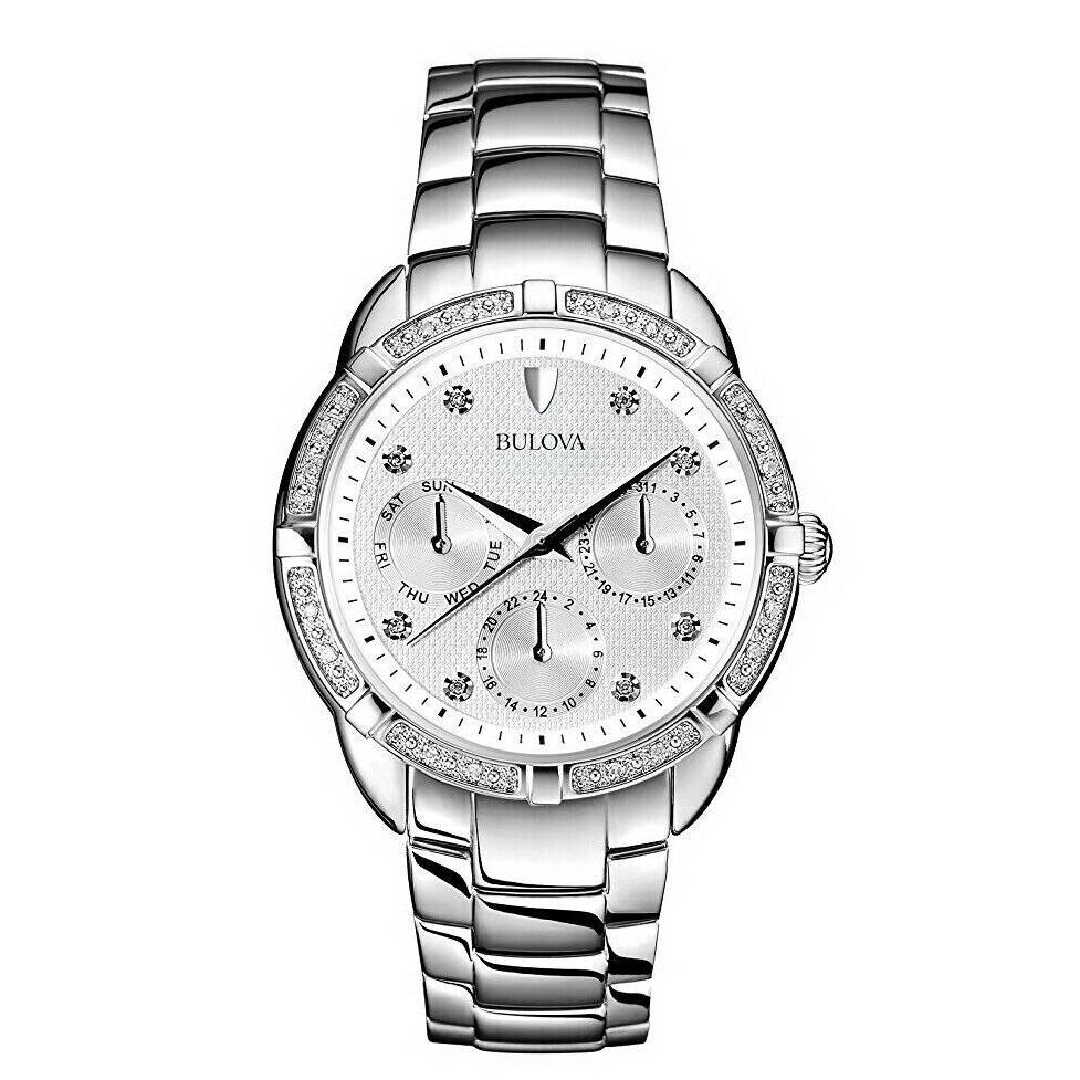 Bulova 96R195 Day/date 24 Diamonds Silver Tone Ladies Watch Great Gift