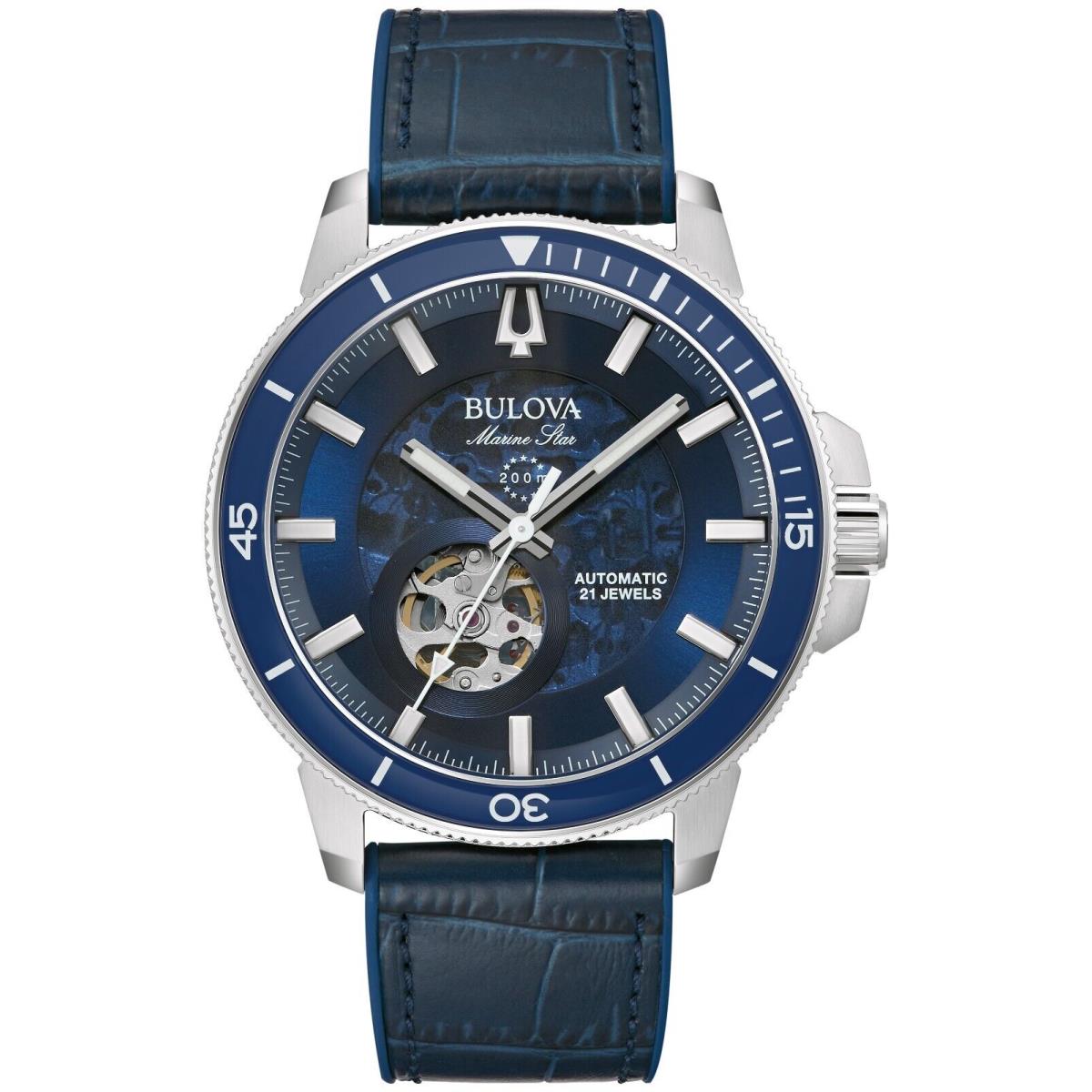 Bulova Men`s Marine Star Automatic Blue Leather and Silicon Watch 45 MM 96A291 - Dial: Blue, Band: Blue