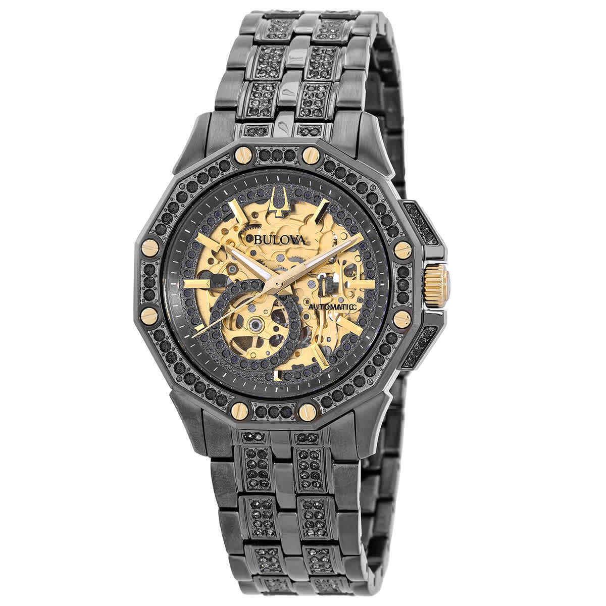 Bulova Octava Automatic Crystal Gold Skeleton Dial Men`s Watch 98A293 - Dial: Gray, Band: Gray, Bezel: Gray