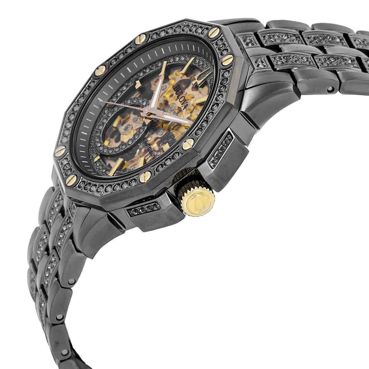 Bulova Octava Automatic Crystal Gold Skeleton Dial Men`s Watch 98A293 - Dial: Gray, Band: Gray, Bezel: Gray