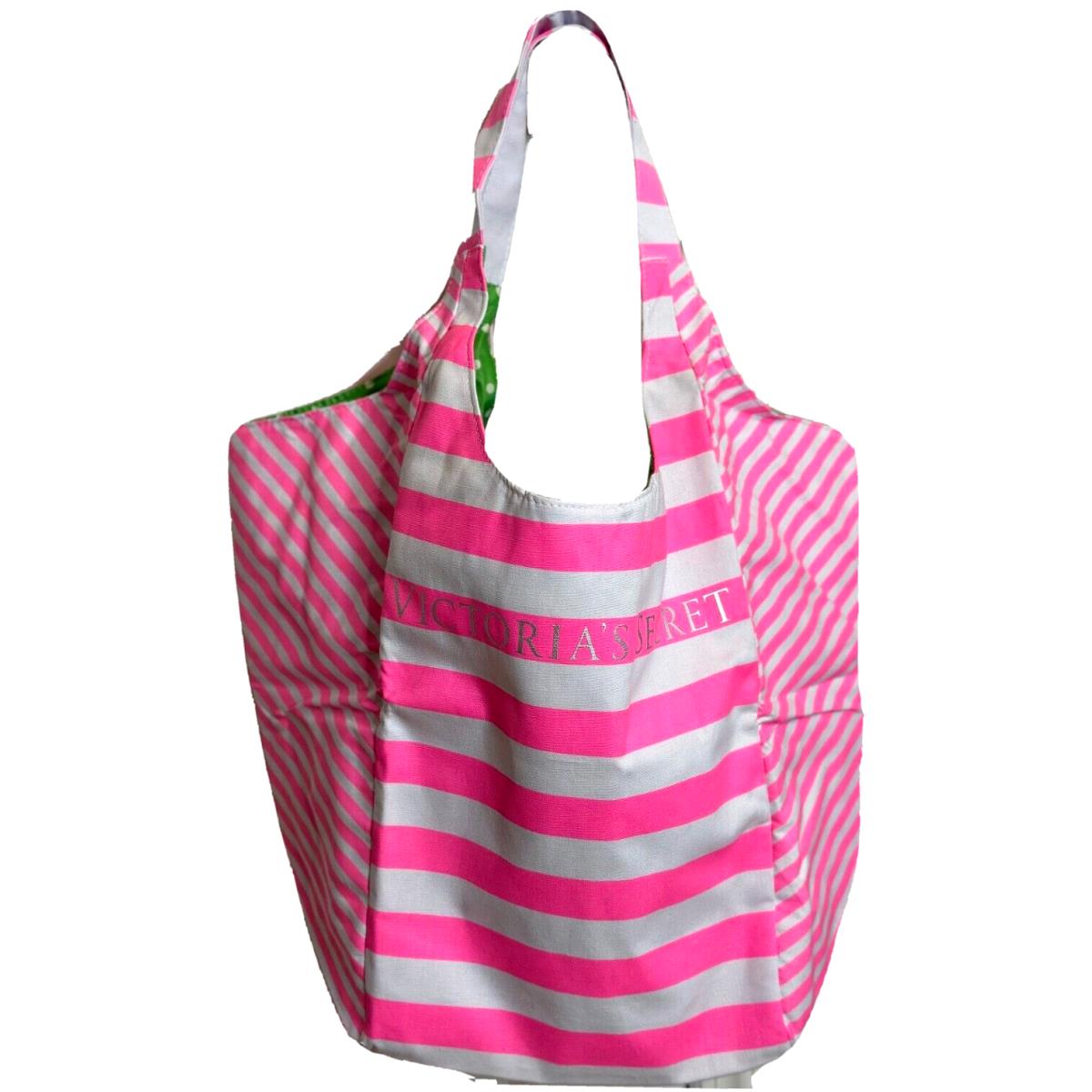 Victoria`s Secret Reversible Canvas Getaway Beach Bag Tote Lemon Pink Stripe
