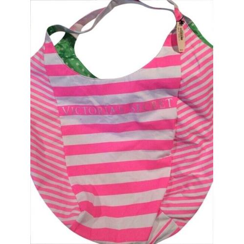 Victoria`s Secret Reversible Canvas Getaway Beach Bag Tote Lemon Pink Stripe