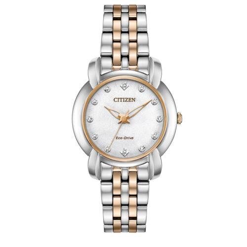 Citizen EM0716-58A Jolie Diamond Mother-of-pearl Dial Two-tone Women`s Watch - Dial: Mother-of-pearl, Band: Silver, Rose Gold, Bezel: Silver