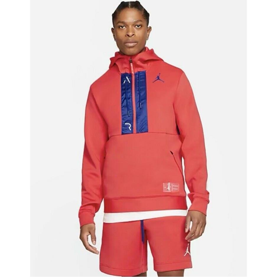 Men s Nike Jordan Air Fleece Pullover Hoodie L Red Blue Hooded Half Zip CK6453
