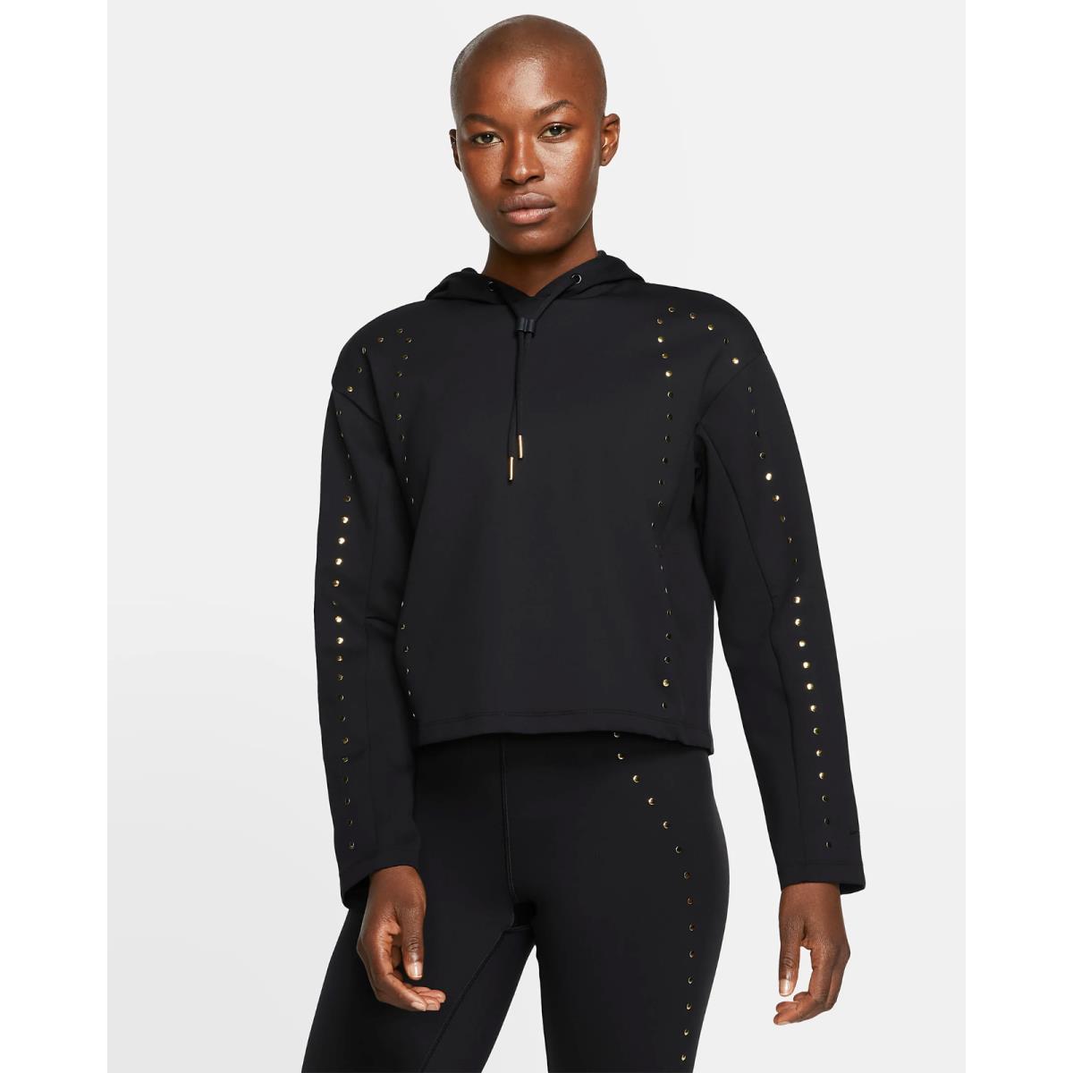 Women`s Nike Pullover Training Hoodie M Black Gold Metallic Studs Gym Casual