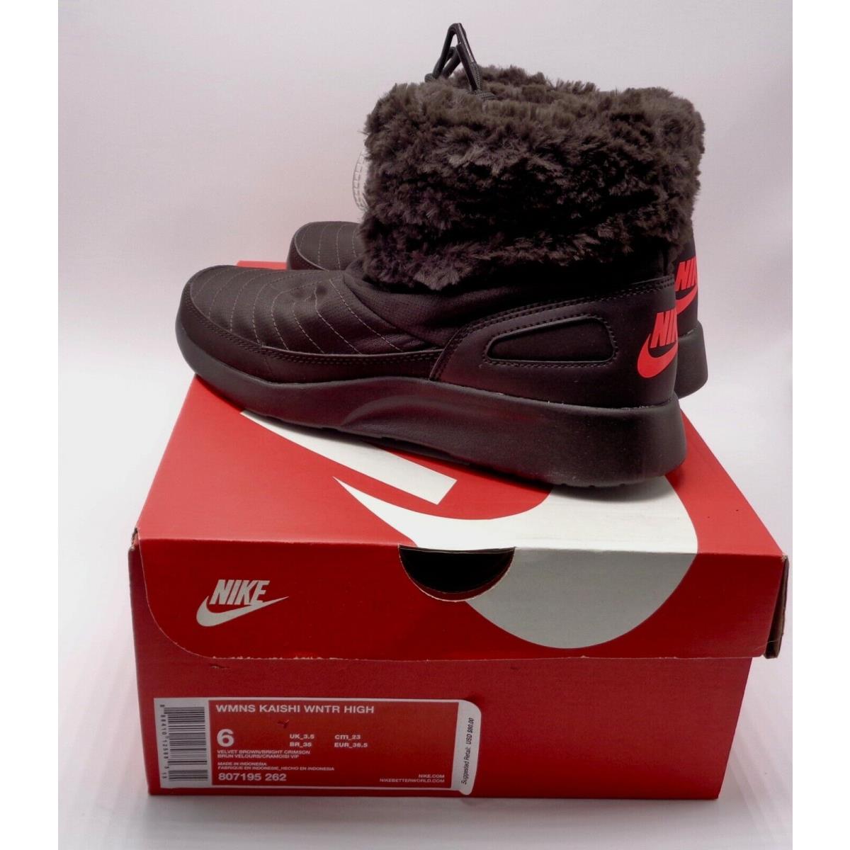 Nike Kaishi Winter High Shoes Boots Womens Size 6 Faux Fur Velvet Brown/crimson