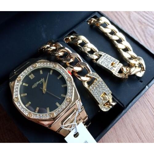 Ed Hardy Men`s Shiny Gold Metal Cuban Neck Chain Bracelet Watch 42mm Gift Set