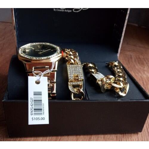 Ed Hardy Men's Shiny Gold Metal Bracelet Watch 42mm Gift Set, Size: One Size