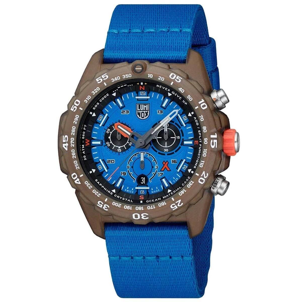 Luminox Men`s Watch Bear Grylls Swiss Quartz Chrono Ocean Blue Strap XB.3743.ECO - Face: Black, Ocean Blue, Dial: Blue, Band: Blue