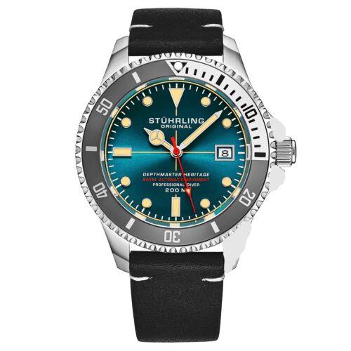 Stuhrling 883HL 07 Depthmaster Automatic Diver Black Leather Date Mens Watch