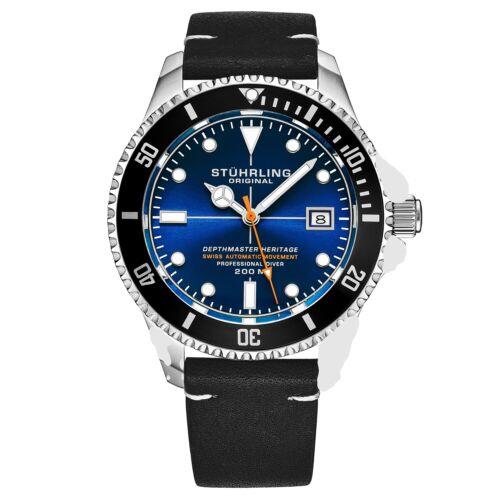 Stuhrling 883HL 06 Depthmaster Automatic Diver Black Leather Date Mens Watch - Blue Dial, Black Band, Black Bezel