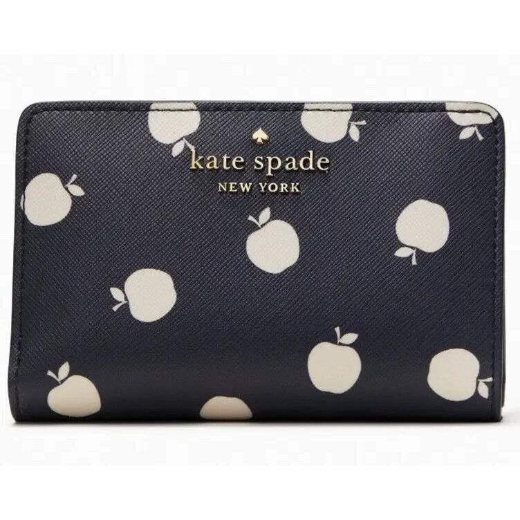 Kate Spade Staci Navy Blue White Apple Medium Compact Bifold Wallet K8304