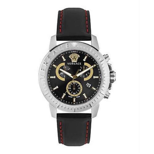Versace Mens Chrono Stainless Steel 45mm Strap Fashion Watch - Dial: Black, Band: Black, Bezel: Black