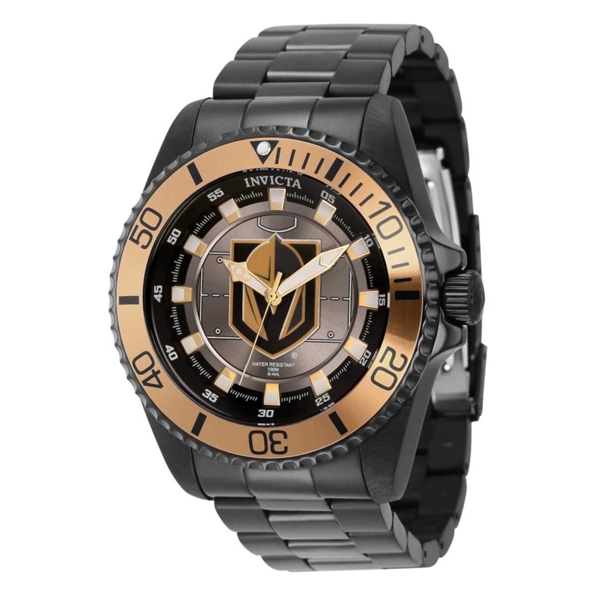 Invicta Women`s Watch Nhl Vegas Golden Knights Grey Black Gold Tone Dial 42244 - Dial: Grey, Gold, Black, Band: Black