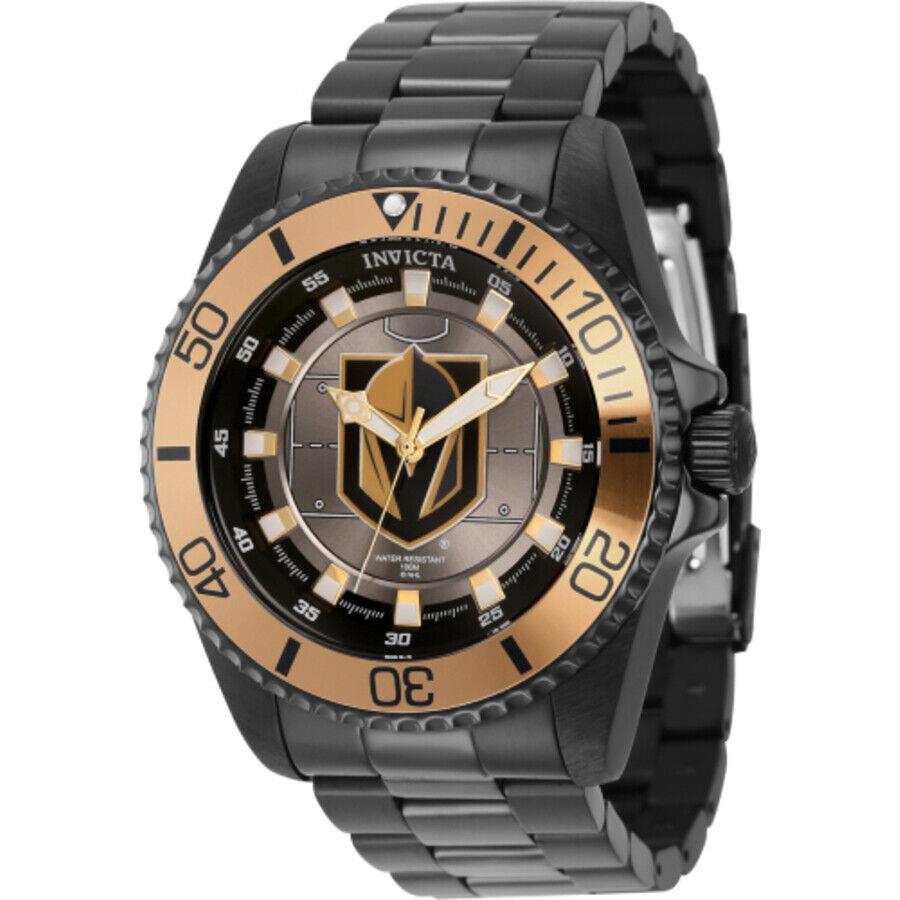 Invicta Nhl Vegas Golden Knights Quartz Grey Dial Men`s Watch 42244 - Dial: Grey, Band: Black, Bezel: Black