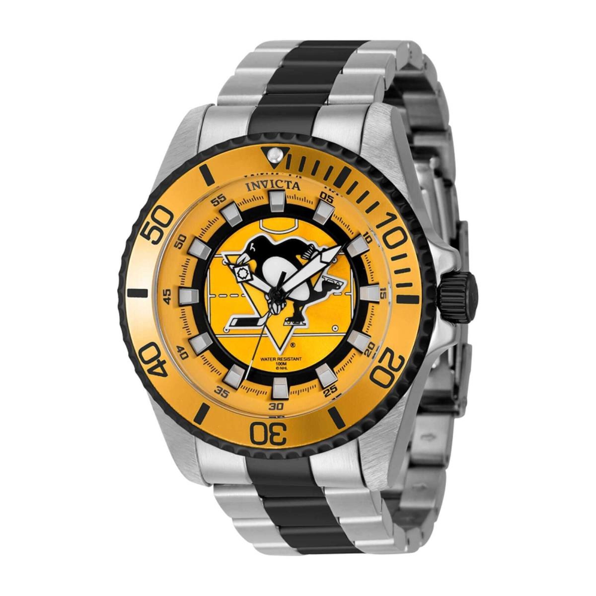 Invicta Men`s Watch Nhl Pittsburgh Penguins Silver Tone Black Bracelet 42242 - Dial: Yellow, Black, Band: Silver, Black